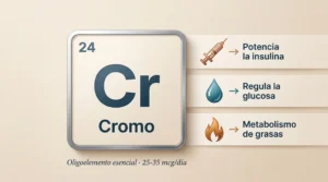 Ficha del cromo (Cr) como oligoelemento esencial: número atómico 24, potencia la insulina, regula la glucosa y participa en el metabolismo de grasas