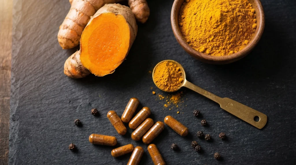 Raíz de cúrcuma fresca cortada mostrando su interior naranja intenso junto a polvo de cúrcuma y cápsulas de curcumina