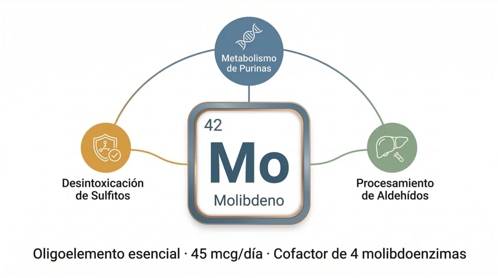 Ficha del molibdeno (Mo) como oligoelemento esencial: número atómico 42, con funciones en desintoxicación de sulfitos, metabolismo de purinas y procesamiento de aldehídos