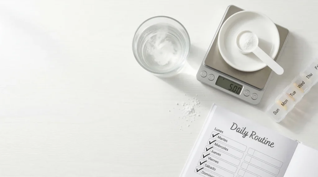 Rutina diaria de creatina: vaso con creatina disolviéndose, balanza digital marcando 5 gramos y organizador semanal representando la consistencia