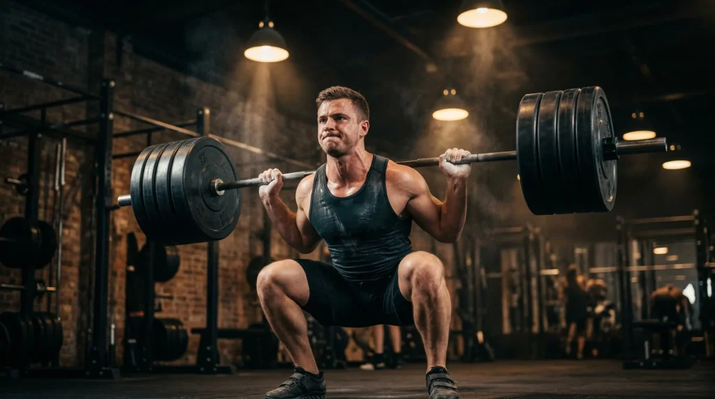 Atleta realizando sentadilla pesada con barra cargada, demostrando el beneficio de la creatina en fuerza y potencia muscular