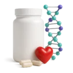 Frasco de suplemento, modelo de ADN en colores corporativos, corazón rojo y cápsulas sobre fondo transparente.