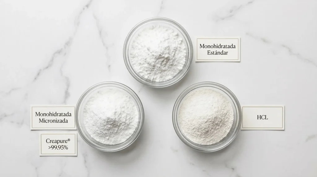 Comparativa visual de tipos de creatina: monohidratada estándar, micronizada y HCL en recipientes transparentes con etiqueta Creapure