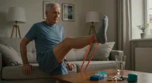 Hombre mayor de 65 años realizando ejercicio de resistencia en casa con una banda, como parte de una estrategia anti-sarcopenia.