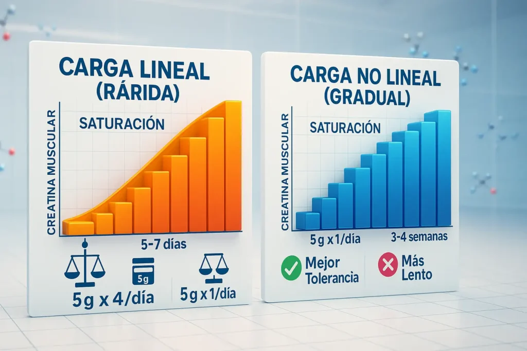 Gráficos comparando la velocidad de saturación muscular y los pros/contras de la carga de creatina lineal (rápida, 20g/día) versus no lineal (gradual, 5g/día).