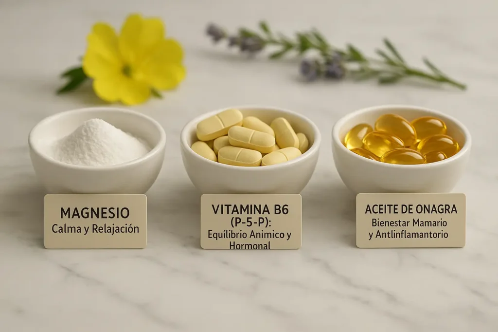 Cuencos con Magnesio Glicinato en polvo, tabletas de Vitamina B6 (P-5-P) y cápsulas de Aceite de Onagra, componentes del protocolo para SPM/TDPM.