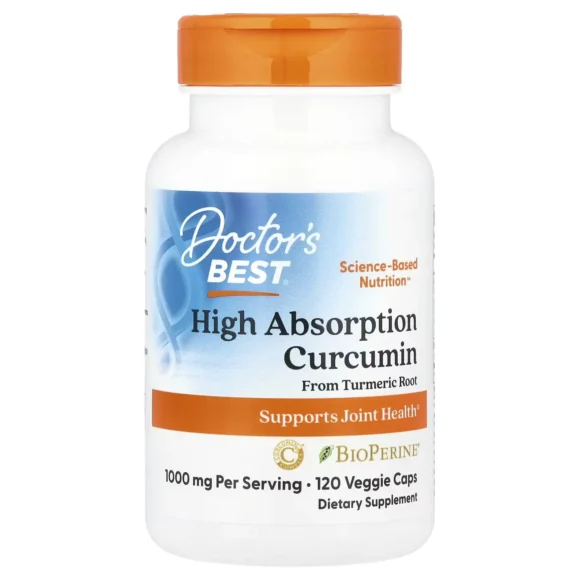 Frasco de Curcumina Alta Absorción Doctor's Best con BioPerine®, 1000 mg por porción, 120 cápsulas vegetales. Apoyo para salud articular. Compra online Suplenet Colombia.