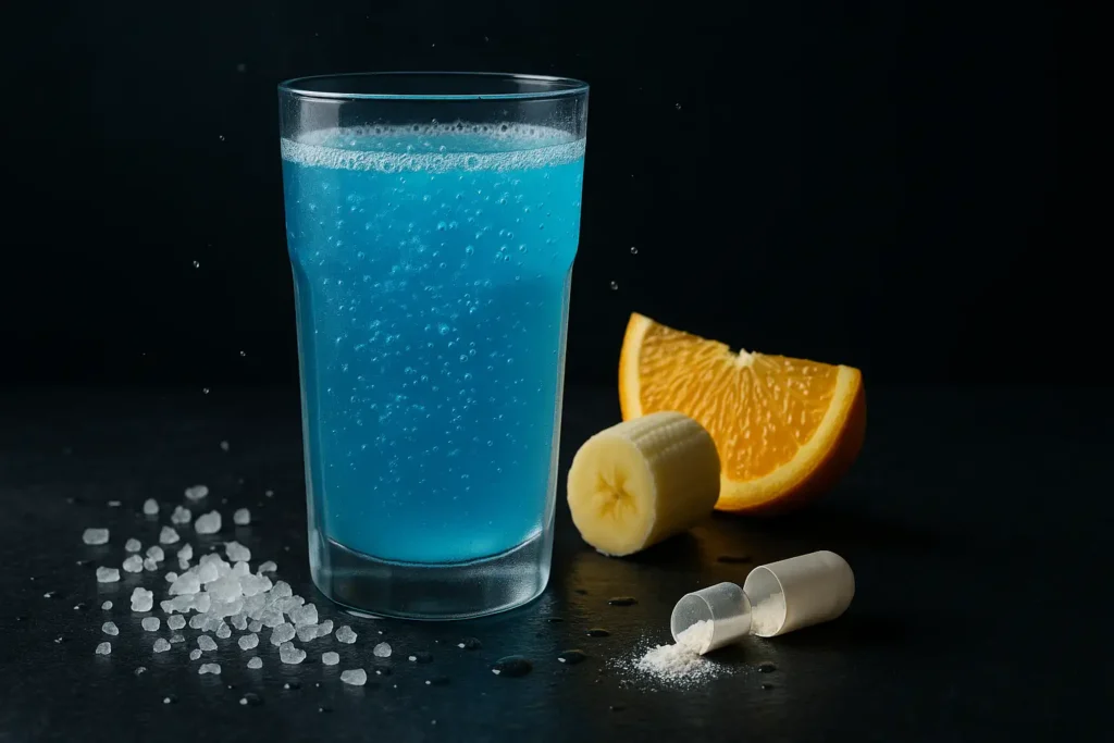 Vaso de bebida deportiva azul con electrolitos, rodeado de sal, plátano, naranja y una cápsula de suplemento.