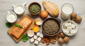 Bodegón con diversas fuentes de proteína de alta calidad: carnes, pescados, huevos, legumbres, tofu, frutos secos y un batido de proteína.