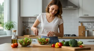 Persona sonriente y saludable integrando hábitos positivos como cocinar comida nutritiva.
