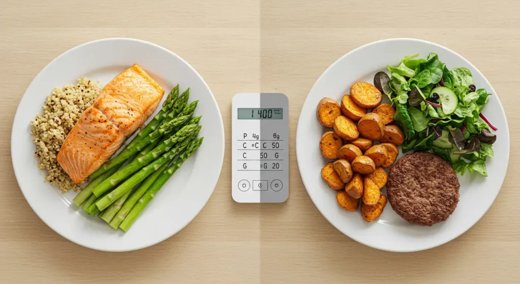 Comparativa visual de una comida 'limpia' (salmón, quinoa, espárragos) y una comida 'flexible' IIFYM (hamburguesa, batatas al horno), ambas pudiendo ajustarse a los mismos macros.