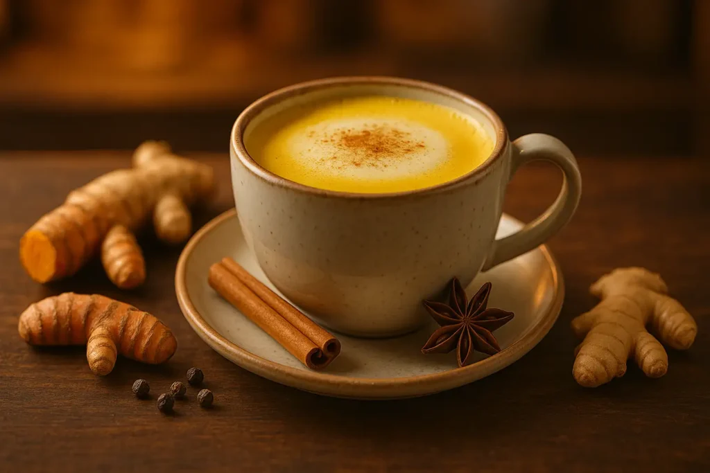 Taza humeante de Leche Dorada (Golden Milk) con cúrcuma, jengibre, canela y pimienta, sobre una mesa rústica.