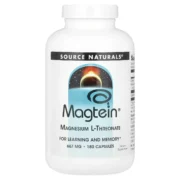 Frasco de Magnesio L-Treonato Magtein® de Source Naturals, 667 mg por cápsula, 180 cápsulas. Suplemento para aprendizaje y memoria. Compra online en Suplenet Colombia.
