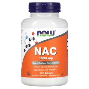 Frasco de NAC N-Acetilcisteína NOW Foods 1000 mg, 120 tabletas. Suplemento antioxidante para apoyo inmune y hepático. Comprar online en Suplenet Colombia.
