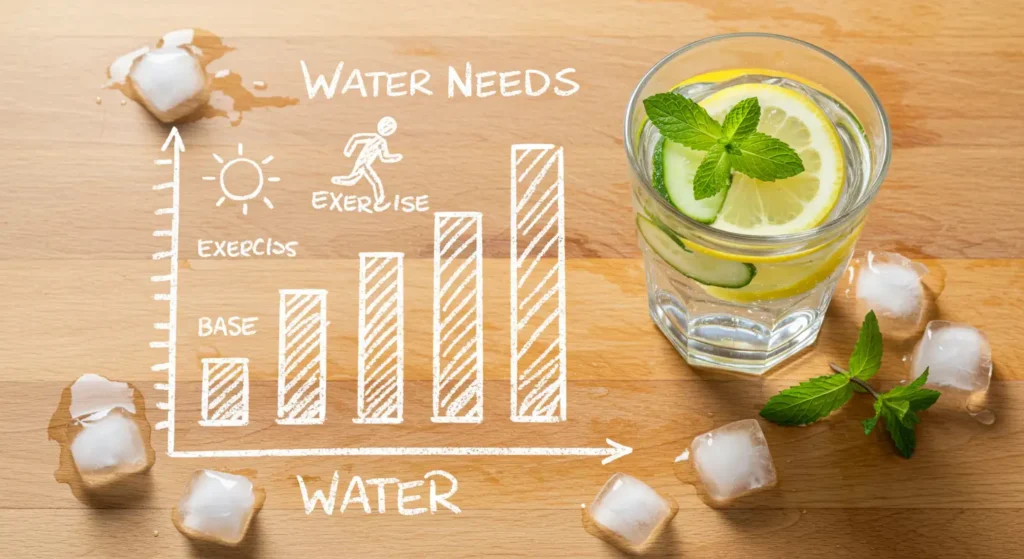 Gráfico ilustrativo de necesidades de agua variables y vaso de agua refrescante con pepino y limón.