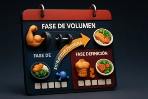 Calendario de entrenamiento mostrando la periodización de la ingesta de proteína para las fases de volumen y definición muscular.