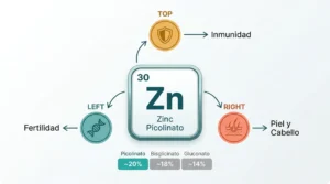 Ficha del picolinato de zinc (Zn): forma quelada con alta biodisponibilidad, beneficios en inmunidad, fertilidad y salud de piel y cabello, comparada con bisglicinato y gluconato