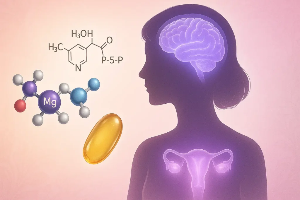 Silueta femenina con representaciones de Magnesio, Vitamina B6 y Aceite de Onagra, simbolizando un protocolo natural para el alivio del SPM y TDPM.