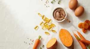 Cápsulas de vitamina A (retinol palmitato) junto a alimentos ricos en retinol como hígado, huevos y zanahorias con betacaroteno