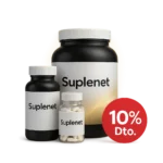 Frascos de suplementos premium Suplenet con sello rojo de “10 % Dto.” sobre fondo transparente, representando descuento para nuevos clientes.