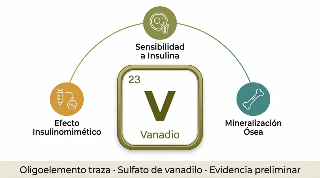 Ficha del vanadio (V) como oligoelemento traza: número atómico 23, con funciones en efecto insulinomimético, sensibilidad a la insulina y mineralización ósea