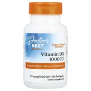 Frasco de Vitamina D3 Doctor's Best 1000 UI (25 mcg), 180 softgels. Apoya salud ósea, corazón e inmunidad. Compra online en Suplenet Colombia.