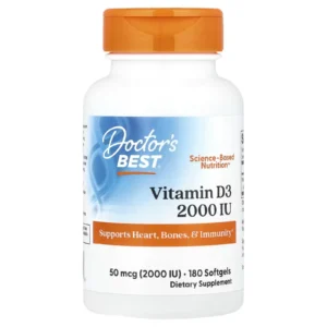 Frasco de Vitamina D3 Doctor's Best 2000 UI (50 mcg), 180 softgels. Apoyo para corazón, huesos e inmunidad. Compra online en Suplenet Colombia.