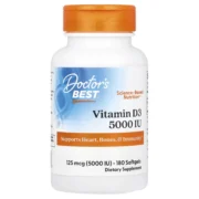 Frasco de Vitamina D3 Doctor's Best 5000 UI (125 mcg), 180 softgels. Máxima potencia para corazón, huesos e inmunidad. Compra online en Suplenet Colombia.
