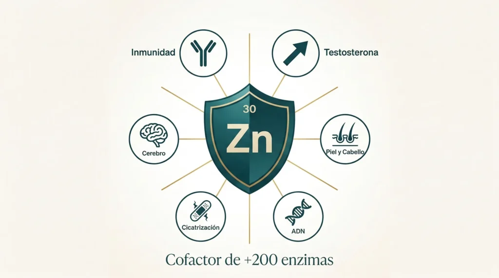 Infografía del zinc (Zn) como oligoelemento esencial: escudo de inmunidad con seis funciones principales — inmunidad, testosterona, piel y cabello, síntesis de ADN, cicatrización y función cerebral
