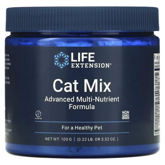 Mezcla para gatos Life Extension 100 g, fórmula avanzada de multinutrientes felinos Non-GMO y sin gluten, vista frontal del envase.