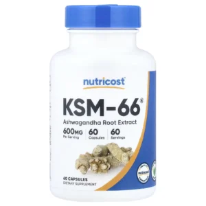 Nutricost KSM-66 Ashwagandha 600 mg 60 cápsulas, frasco vista frontal.