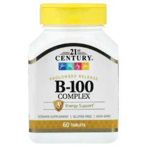 Envase de B-100 Complex 21st Century de 60 tabletas sobre fondo neutro para catálogo de alta gama.