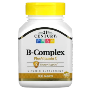 Vista frontal del frasco de B-Complex Plus Vitamin C de 21st Century con 100 tabletas sobre fondo neutro.