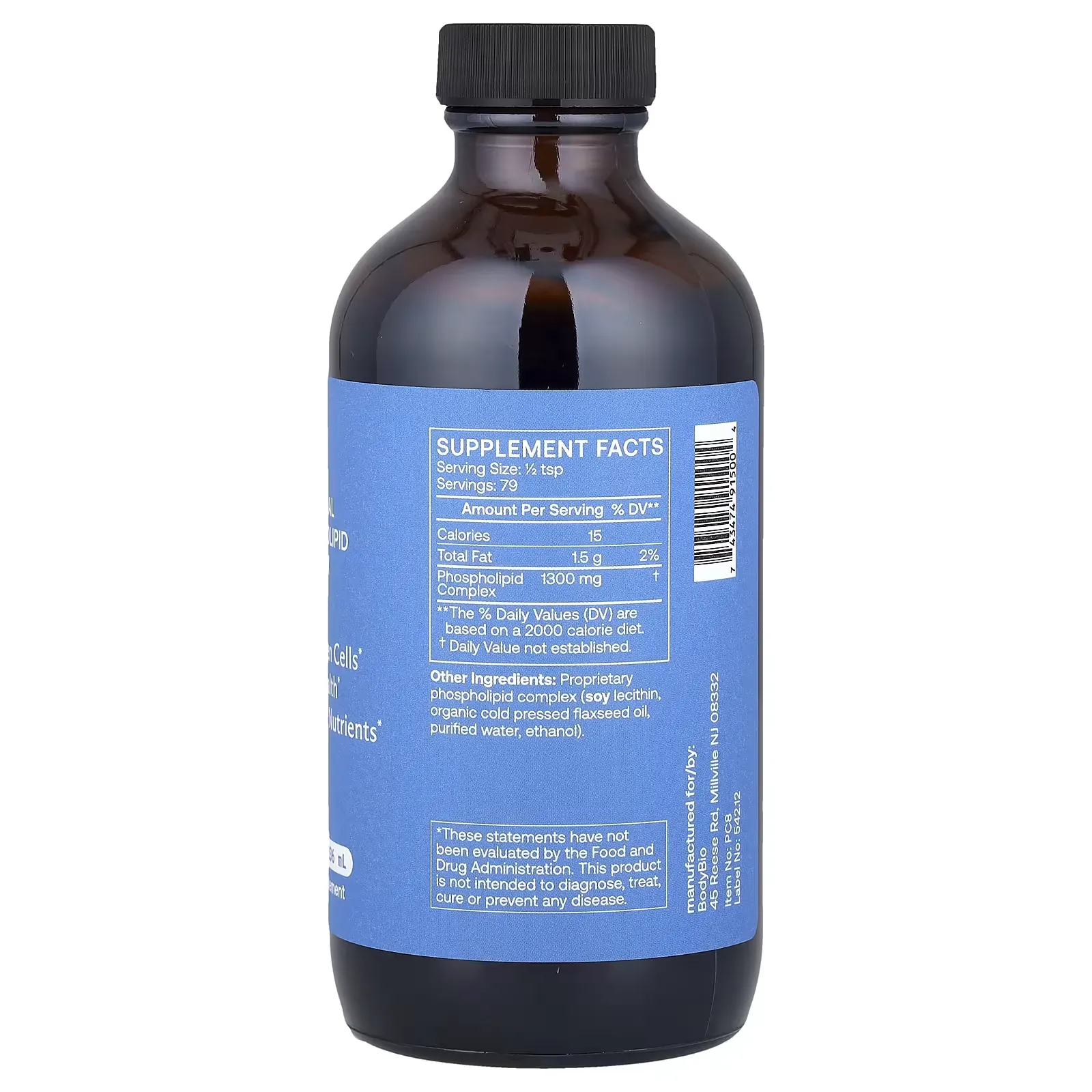 Tabla nutricional del Complejo de Fosfolípidos Liposomales BodyBio PC con 1300mg de complejo de fosfolípidos por porción.