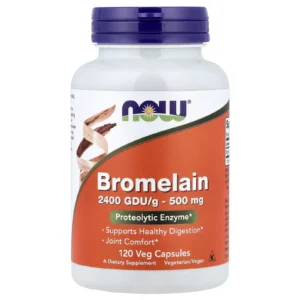 Frasco frontal de Bromelina NOW Foods de 500 mg con 120 cápsulas vegetales para soporte digestivo y articular.