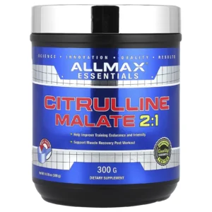 Envase de Citrulina Malato 2:1 ALLMAX Essentials de 300 g para pre-entrenamiento y recuperación.
