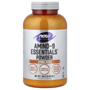 Tarro de Amino-9 Essentials de NOW Foods Sports de 330 g en polvo para recuperación muscular.