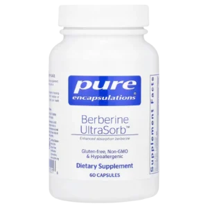 Imagen de catálogo premium de Berberina UltraSorb 550 mg Pure Encapsulations 60 cápsulas sobre fondo limpio.