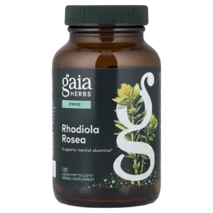 Frasco de Rhodiola rosea Gaia Herbs 120 mg 120 cápsulas Phyto-Caps líquidas para resistencia mental.