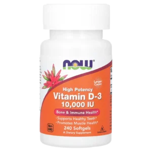Vista frontal del envase de Vitamina D3 10000 UI NOW Foods, mostrando la marca, la dosis y la cantidad de 240 softgels.