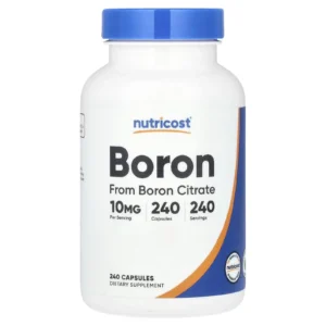Frasco de Boro de 10 mg y 240 cápsulas de la marca Nutricost para soporte óseo y hormonal.