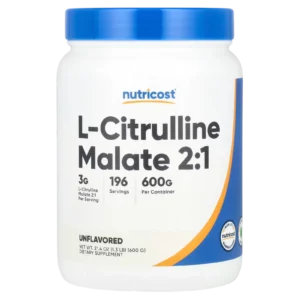 Frasco de Citrulina Malato 2:1 Nutricost de 600 g para rendimiento deportivo en Colombia.