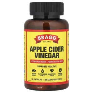 Suplemento de Vinagre de Sidra de Manzana Bragg de 90 cápsulas para soporte metabólico e inmune.