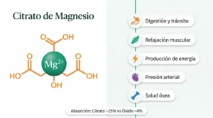 Infografía del citrato de magnesio: molécula de magnesio unida a ácido cítrico con cinco beneficios principales — digestión, relajación muscular, energía, presión arterial y salud ósea, comparada con el óxido de magnesio en absorción