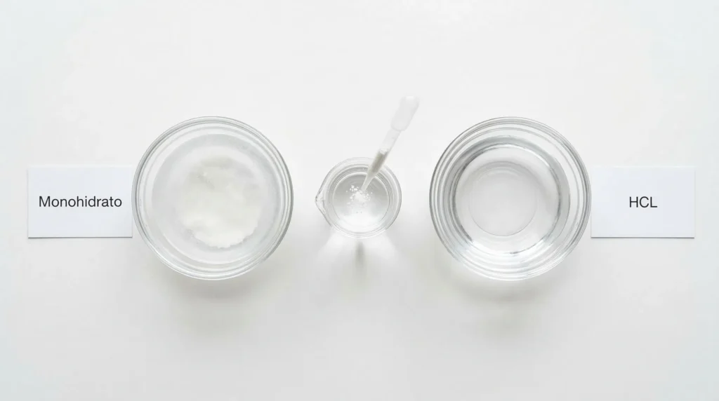 Comparación de solubilidad: creatina monohidrato con sedimento en agua vs creatina HCL completamente disuelta en agua transparente