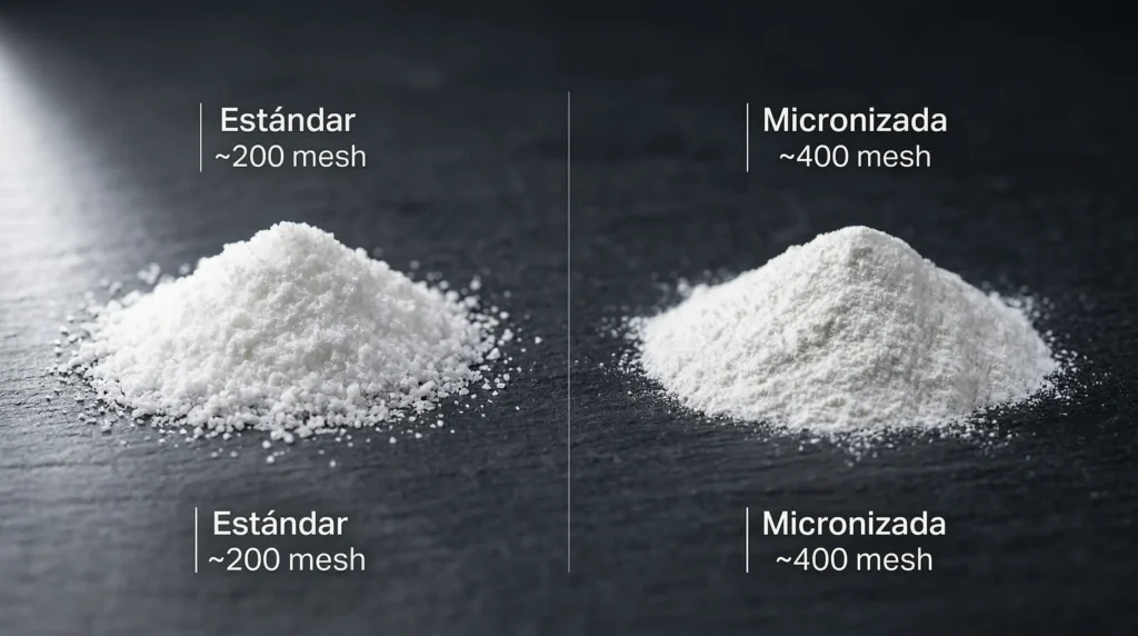 Diferencia visual entre creatina monohidratada estándar y micronizada: tamaño de partícula