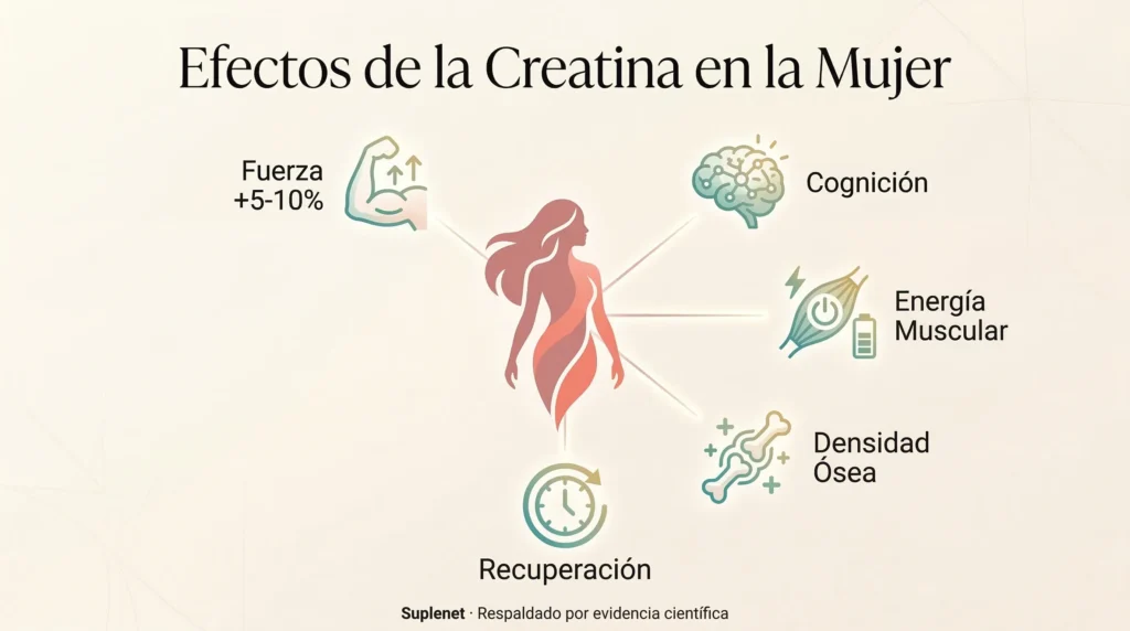 Infografía de los efectos de la creatina en la mujer: fuerza, cognición, densidad ósea, energía y recuperación
