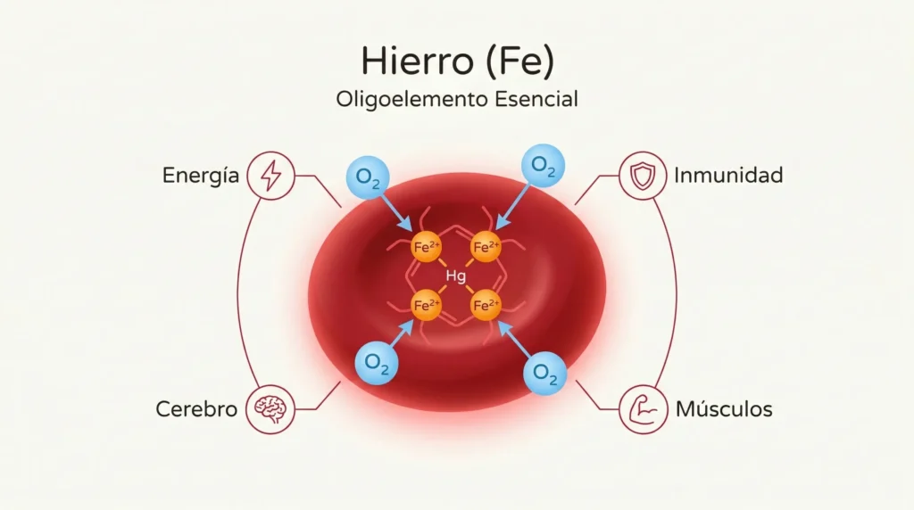 Infografía del hierro en la hemoglobina: glóbulo rojo con cuatro átomos de hierro (Fe²⁺) transportando oxígeno, y las cuatro funciones principales del hierro — energía, inmunidad, cerebro y músculos